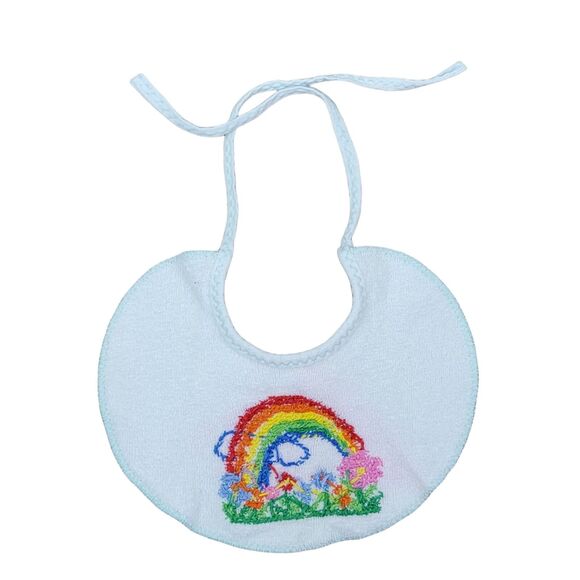 VTG 80s Cross Stitch Bib Rainbow Flowers‎ Terry Cloth White Multi Baby Infant - Picture 4 of 5